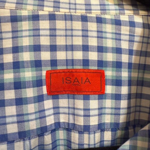 Isaia Men's Blue Green & White Plaid Long Sleeve Button Down Sz 18 / 45 Shirt - Picture 5 of 7